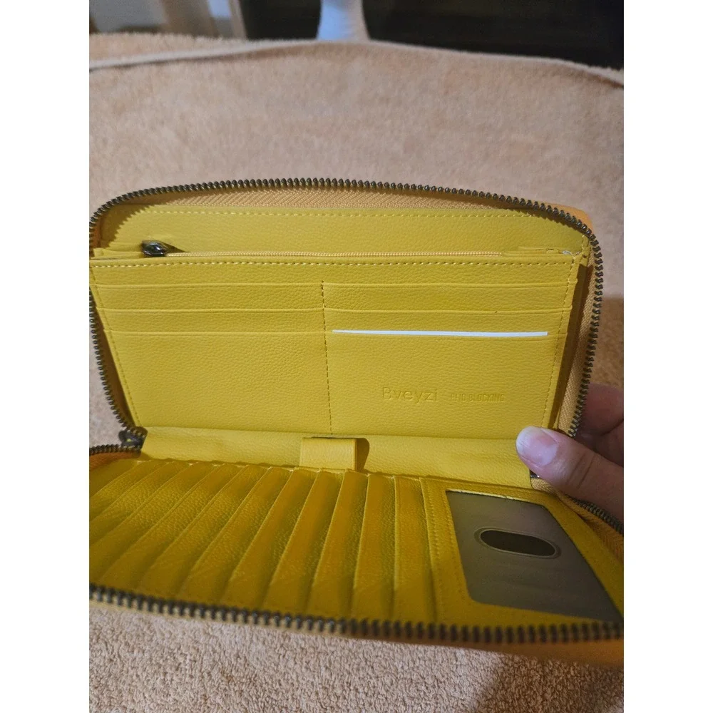 Bveyzi Yellow Pebbled Leather RFID Blocking Zip Around Wristlet Wallet